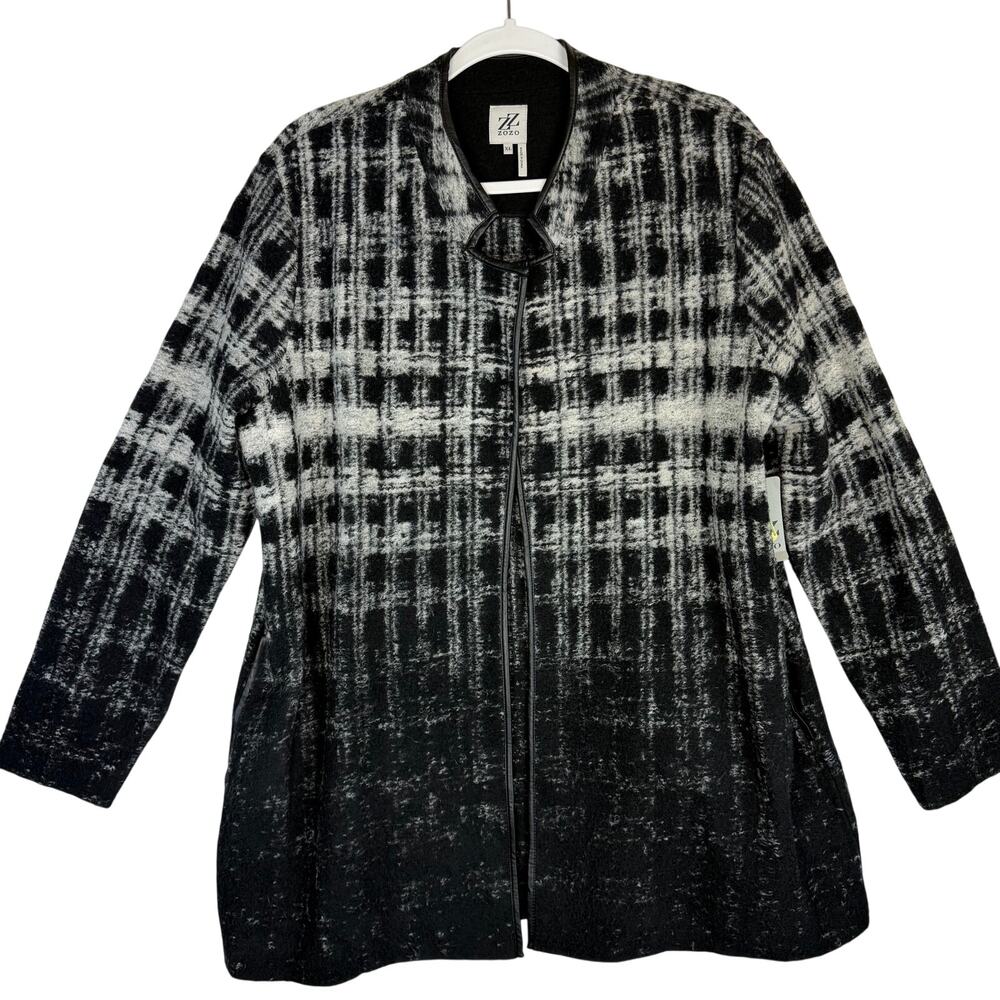 NWT Zozo Plaid Knit Jacket Coat Wool Blend Faux Leather Trim Black White XL $168